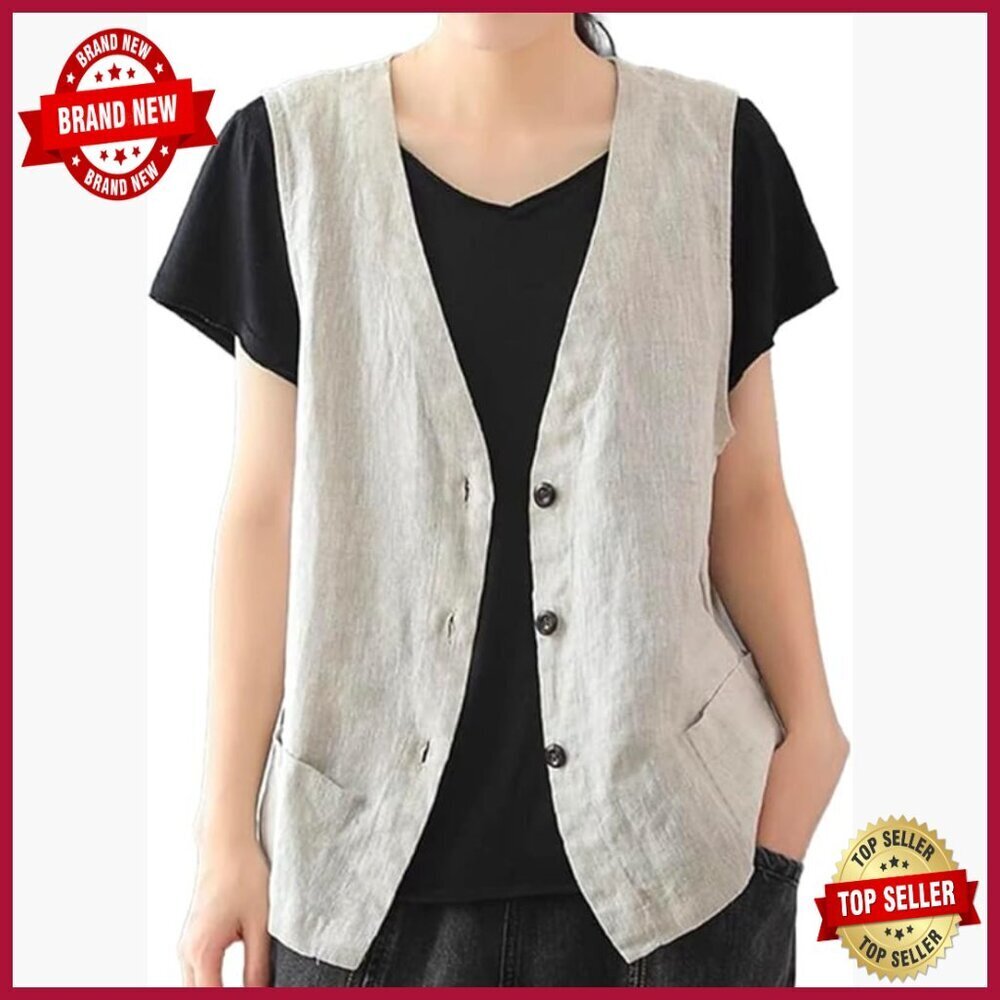 Sleeveless Cotton Linen Blazer Vest Regular Fit Casual Office Wear